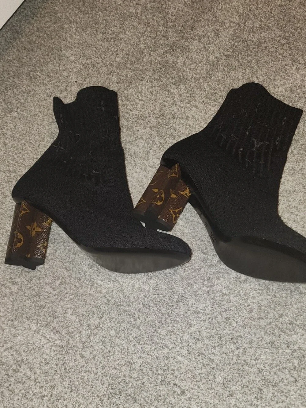 Louis Vuitton Black Knit Monogram Ankle Booties with Monogram Block Heels